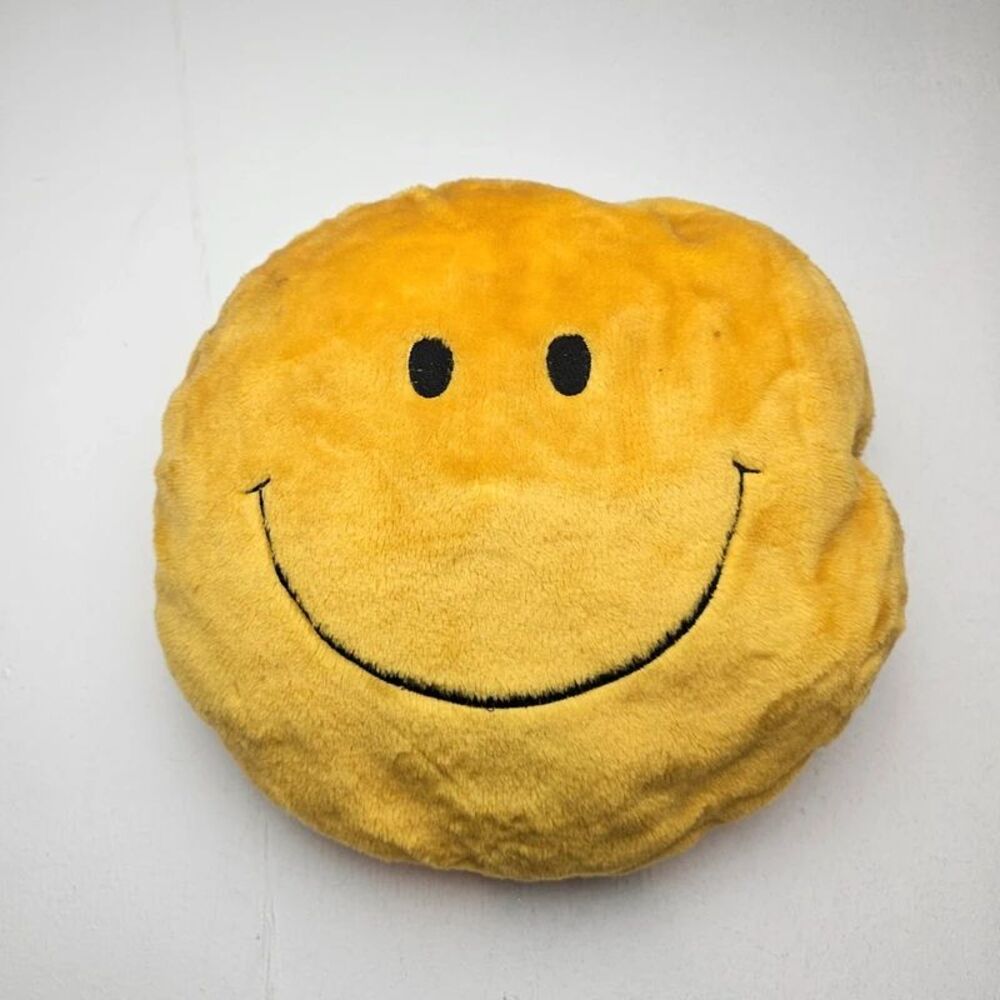 Vintage Yellow Smiley Face Pillow Retro 70s-80s  Fuzzy Plush  14”